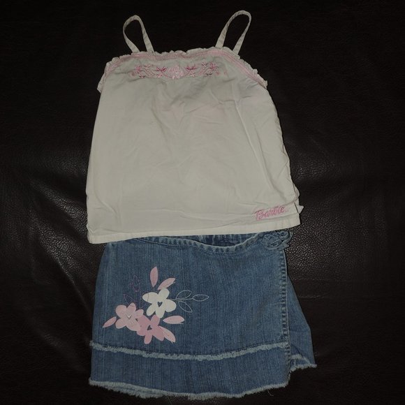 Barbie Avenue - Twin Set - Embroidered Floral Halter & Matching Print Jean Skort - Picture 1 of 8